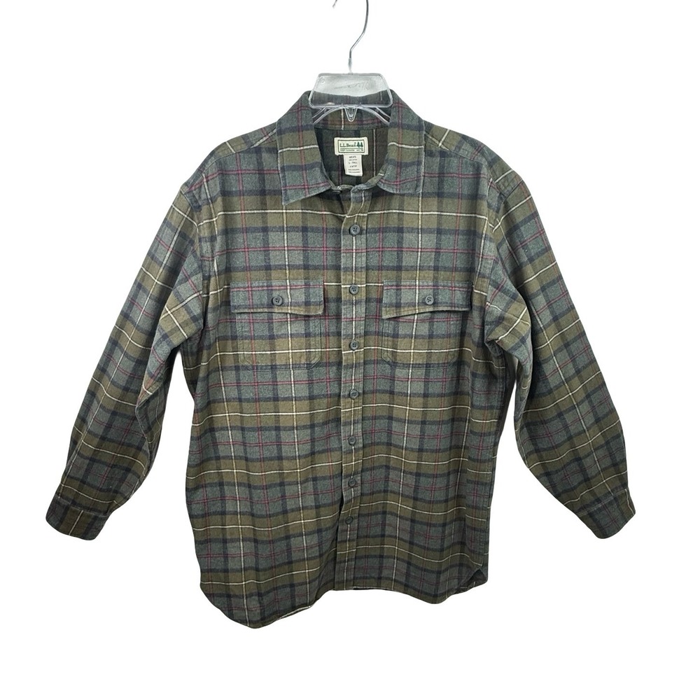 LL Bean Mens Flannel Shirt Large Tall Olive Green Plaid Cotton Button Down vtg